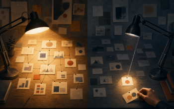 Two identical desk lamps illuminate the same workspace. One reveals a connected network of notes, while the other focuses narrowly as a human hand restores a missing connection.
